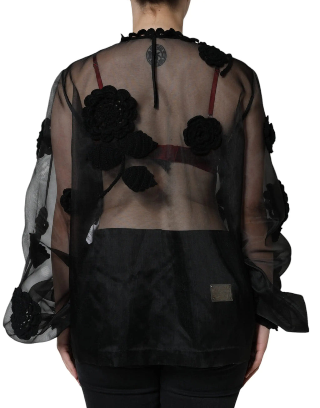 Blouse noire dolce & gabbana en nylon mesh transparent avec appliqués floraux brodés et partie inférieure noire opaque