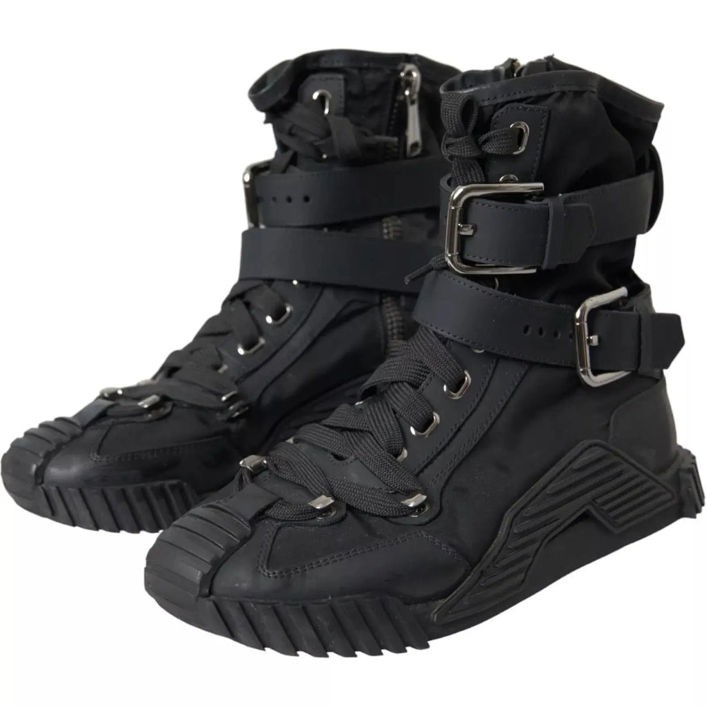 Baskets montantes dolce & gabbana en nylon noir avec sangles ajustables multiples et semelle caoutchoutée robuste