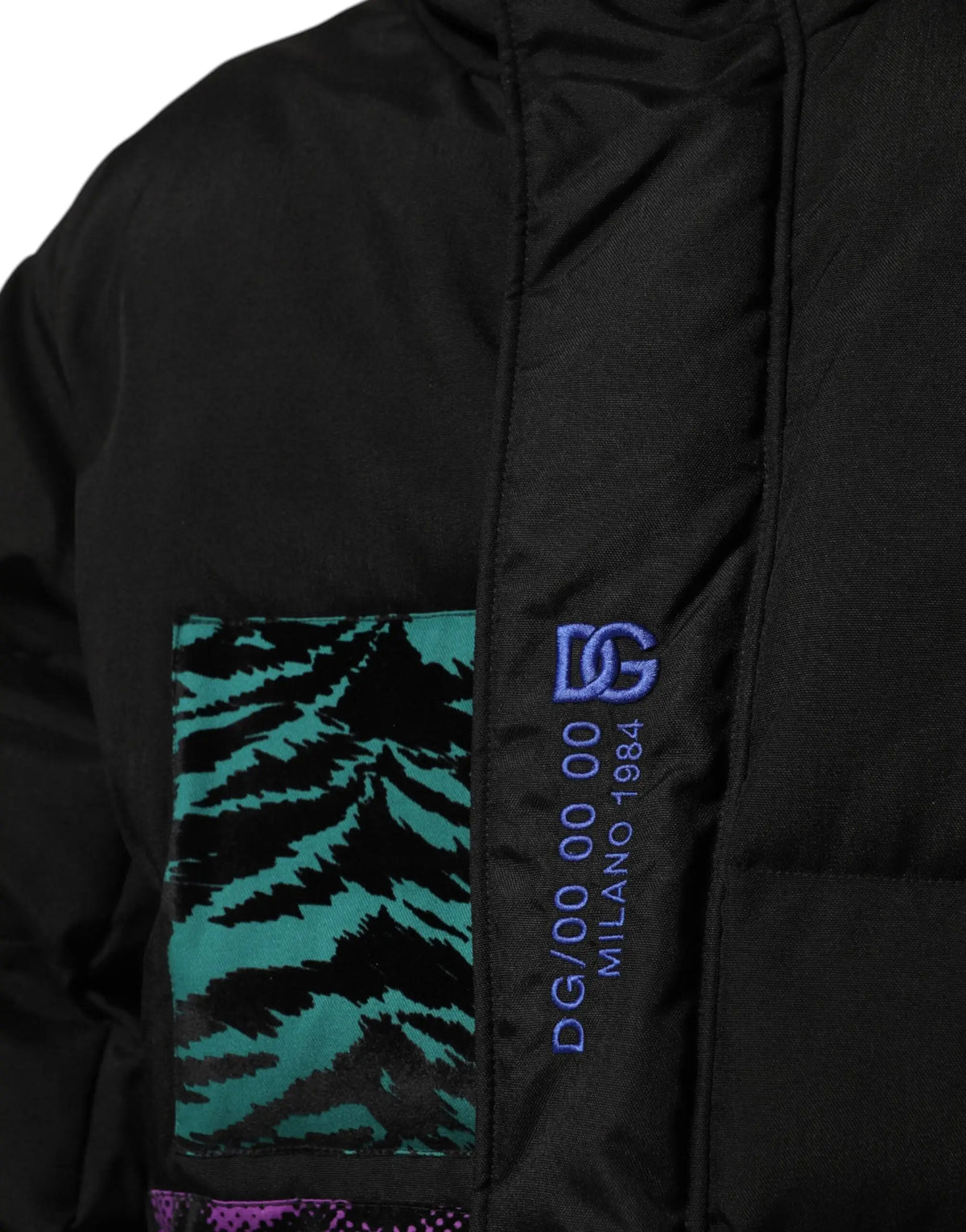 Dolce & gabbana black nylon puffer men full zip jacket with teal and black tiger-striped chest patch and purple embroidered branding