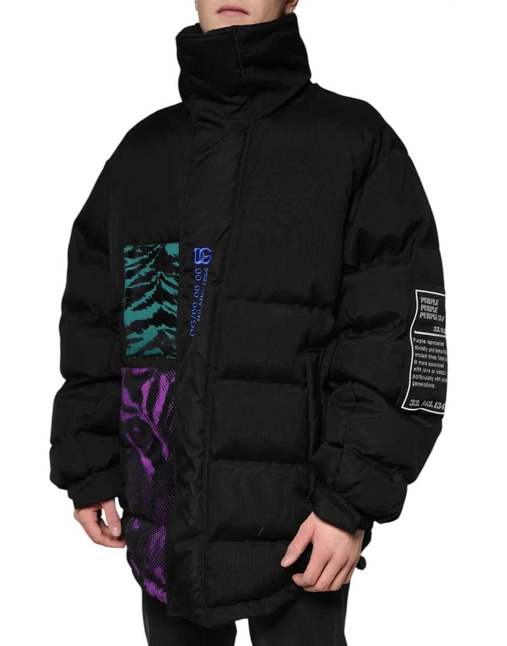 Dolce & gabbana veste matelassée pour homme en nylon noir avec panneaux graphiques teal et violet et col montant