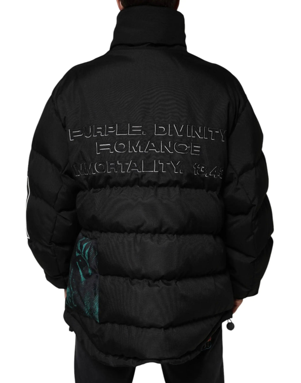 Veste noire matelassée dolce & gabbana pour homme en nylon avec texte argent brodé et patch teal au dos