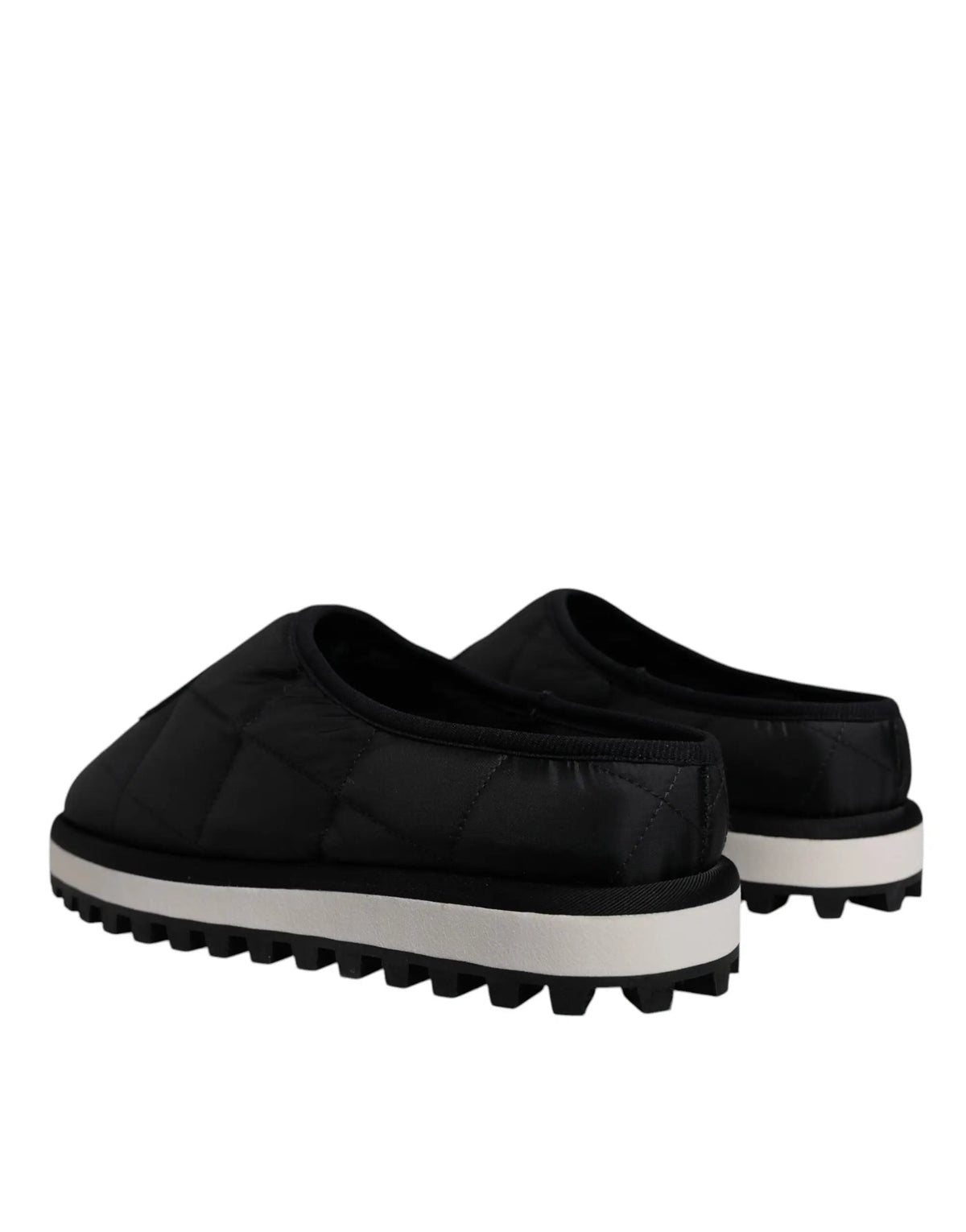 Dolce & gabbana mules slip-on noires matelassées en nylon avec patch logo, semelle intermédiaire blanche et outsole texturé noire