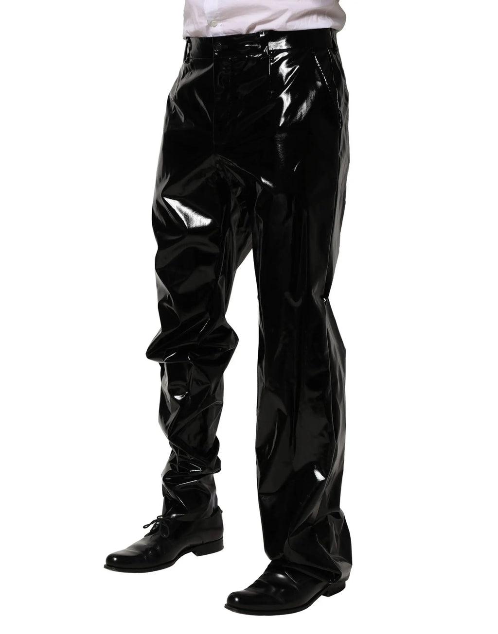 Pantalon droit homme dolce & gabbana en nylon noir avec finition brillante en cuir verni