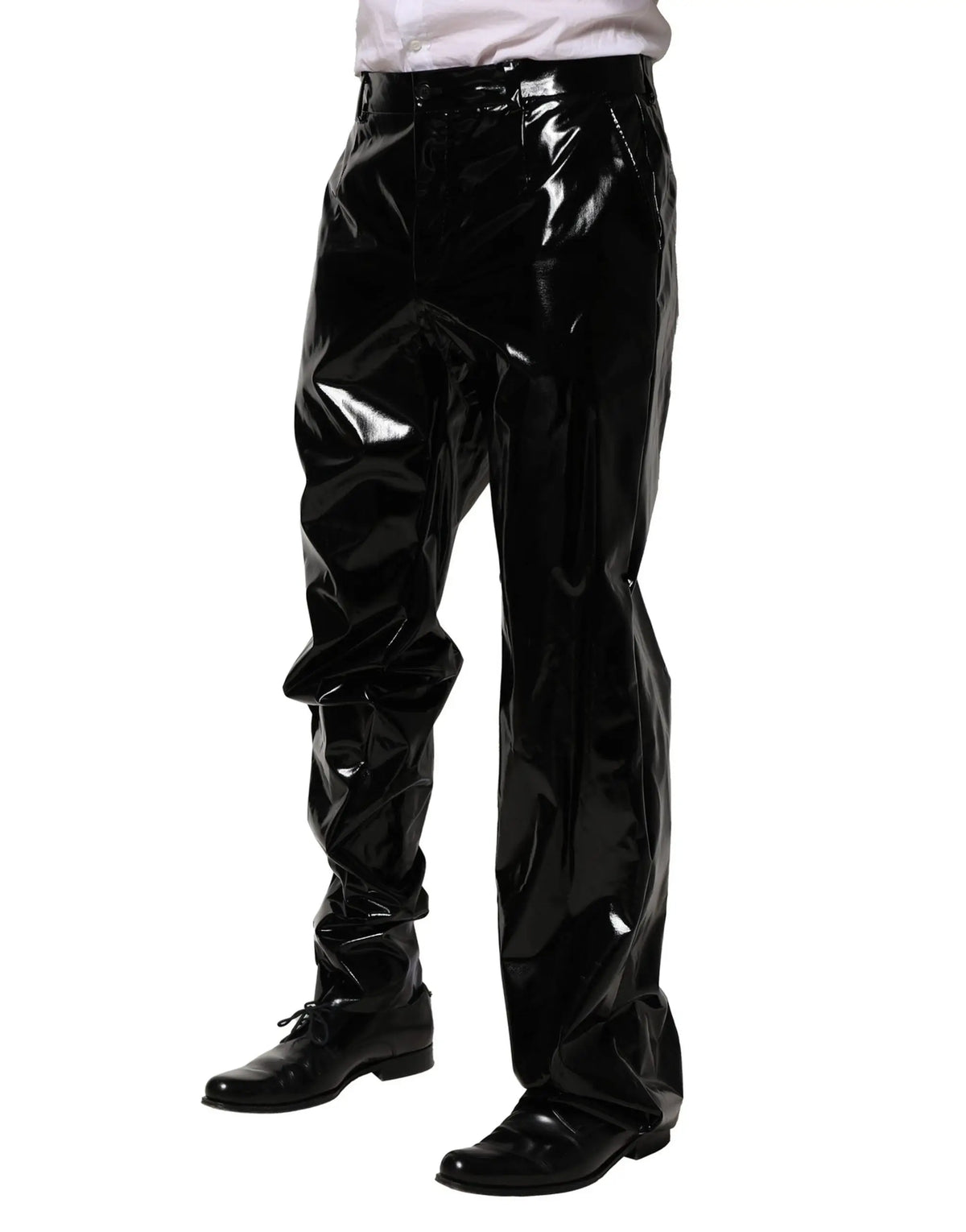 Pantalon droit homme dolce & gabbana en nylon noir avec finition brillante en cuir verni