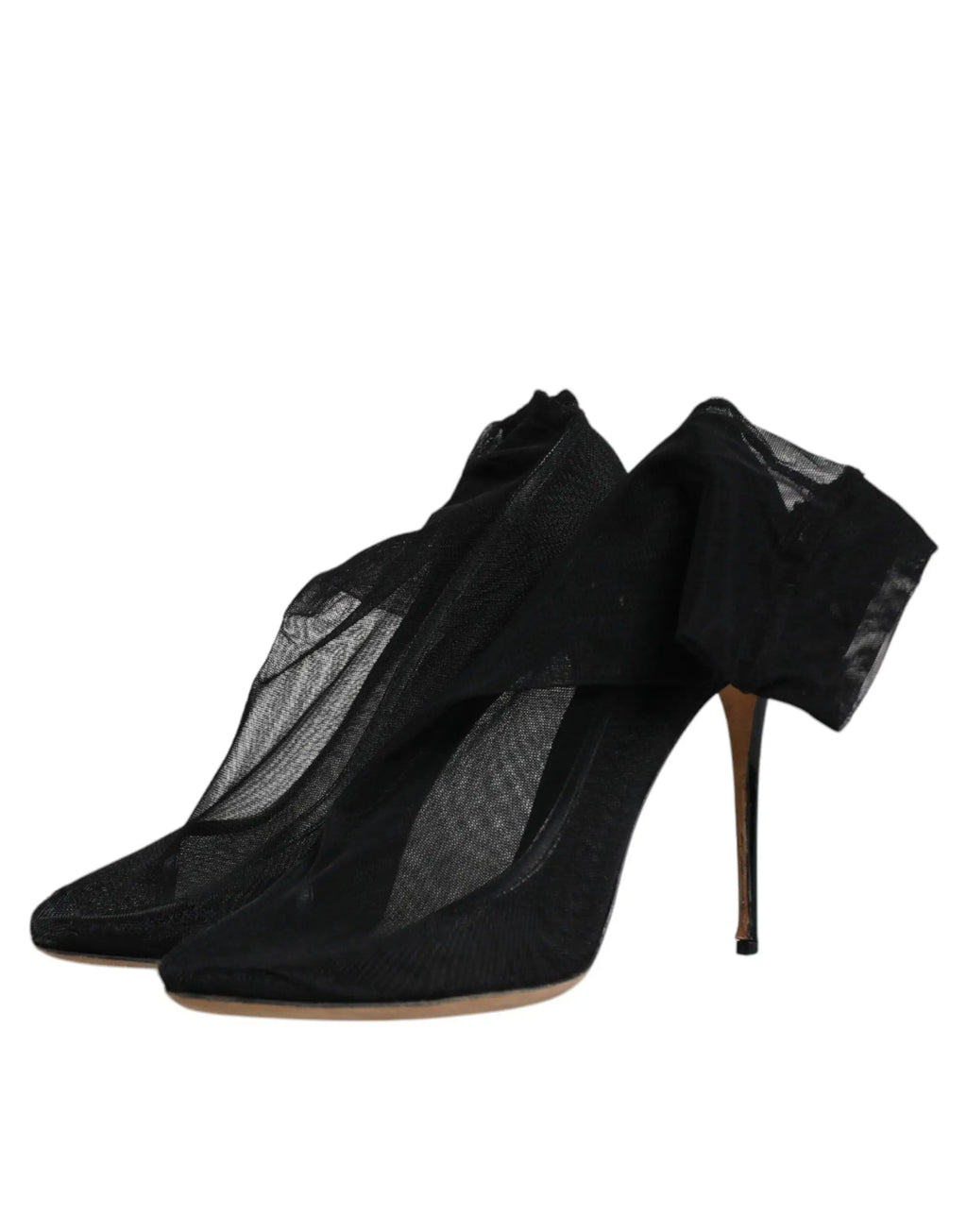 Dolce & gabbana black nylon stretch mesh sock boots with sheer mesh and ruffled bow at the back side