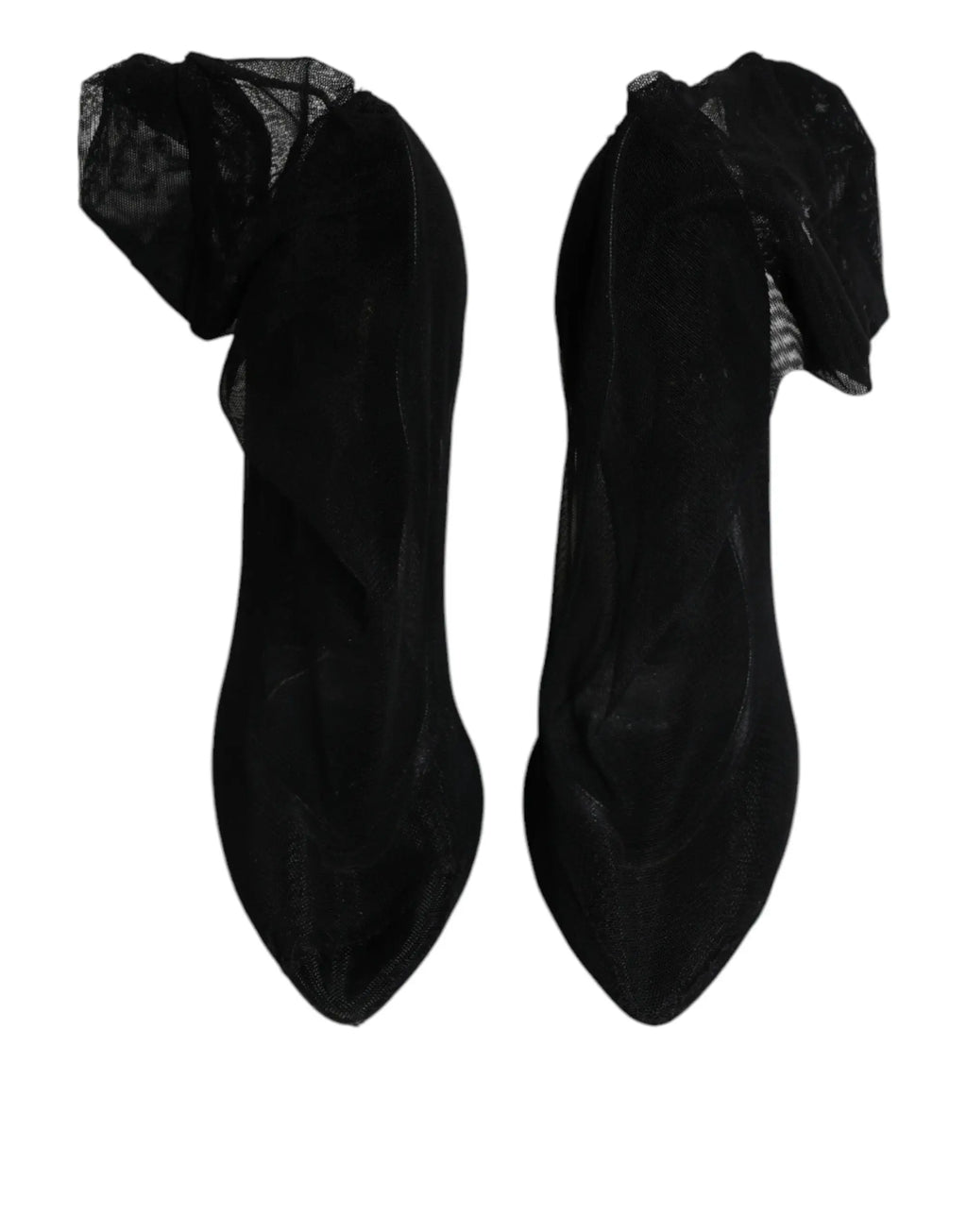 Dolce & gabbana chaussures bottines en nylon noir avec talons haut en velours et nœuds en mesh transparent à la cheville
