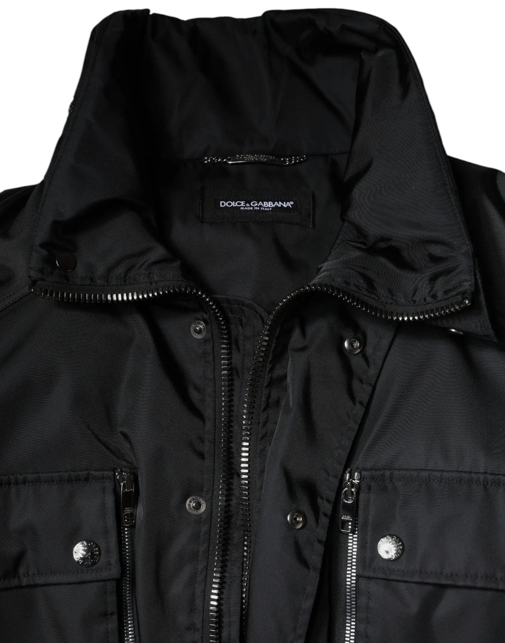 Dolce & gabbana parka homme hiver noir en nylon avec col montant et fermetures éclair argentées
