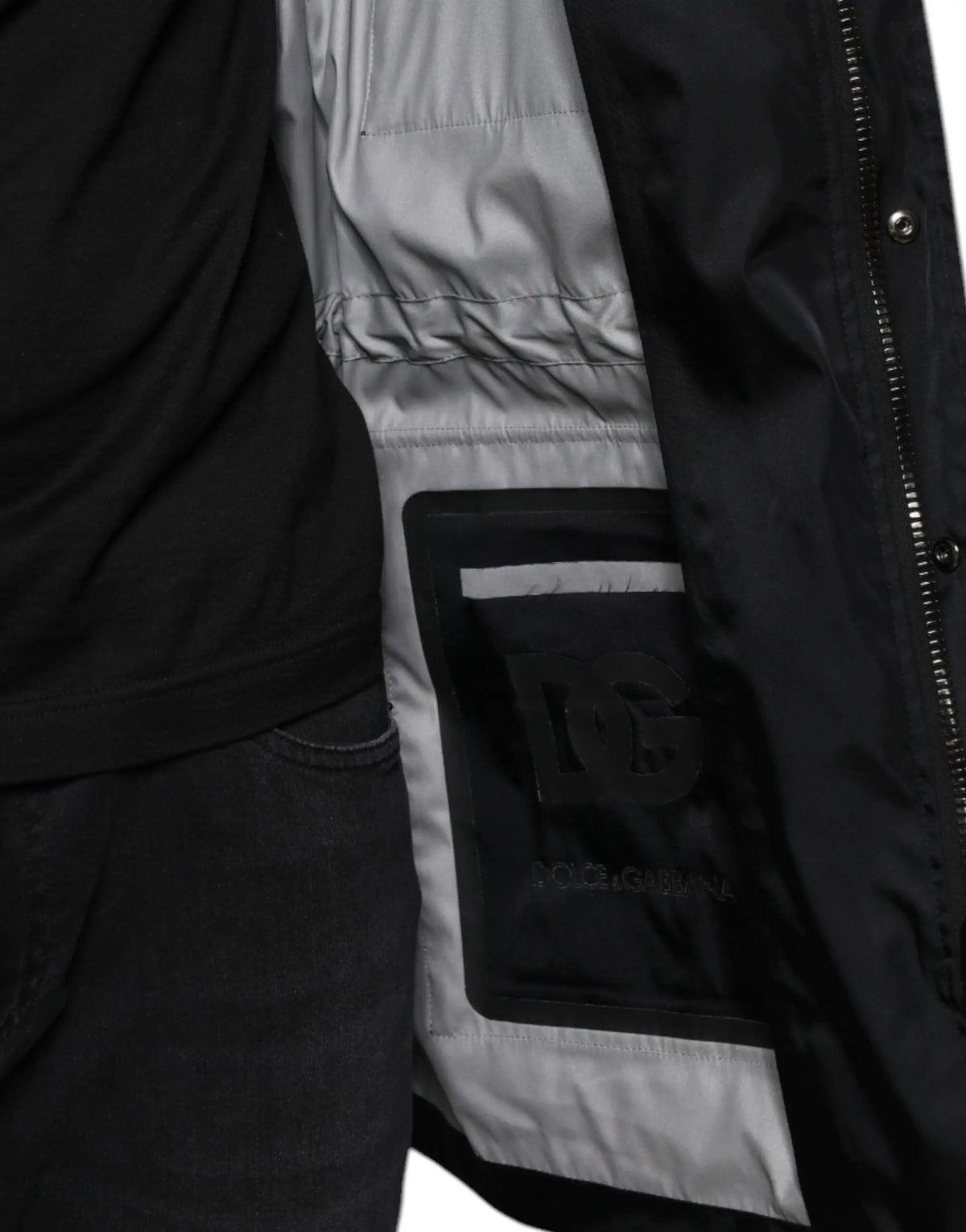 Parka noire dolce & gabbana en nylon pour homme avec doublure intérieure argentée réfléchissante et écusson logo