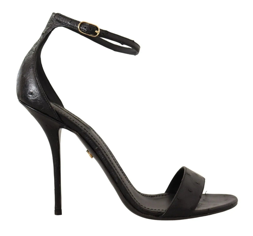 Dolce & gabbana sandales noires en cuir autruche avec talon haut fin et bride à la cheville