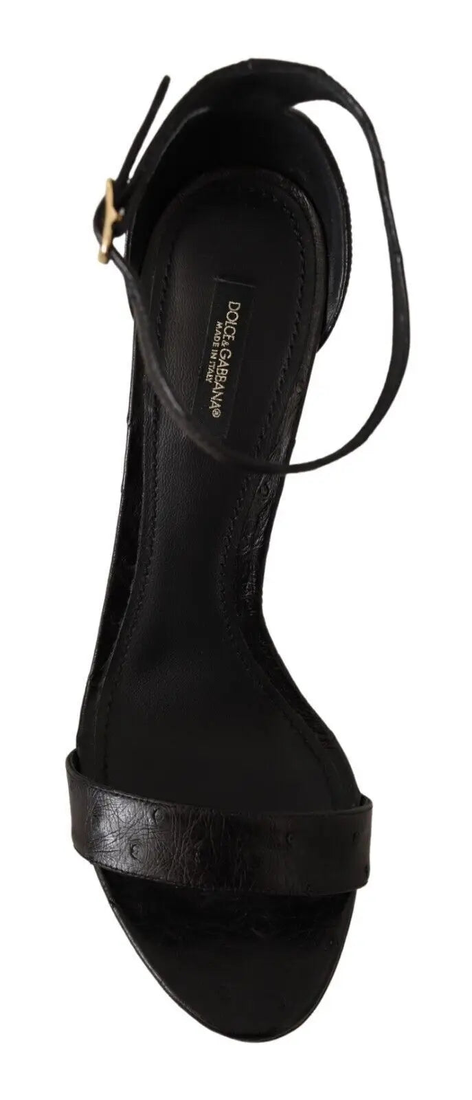 Sandales dolce & gabbana en cuir noir avec bride cheville effet autruche et boucle dorée texturée