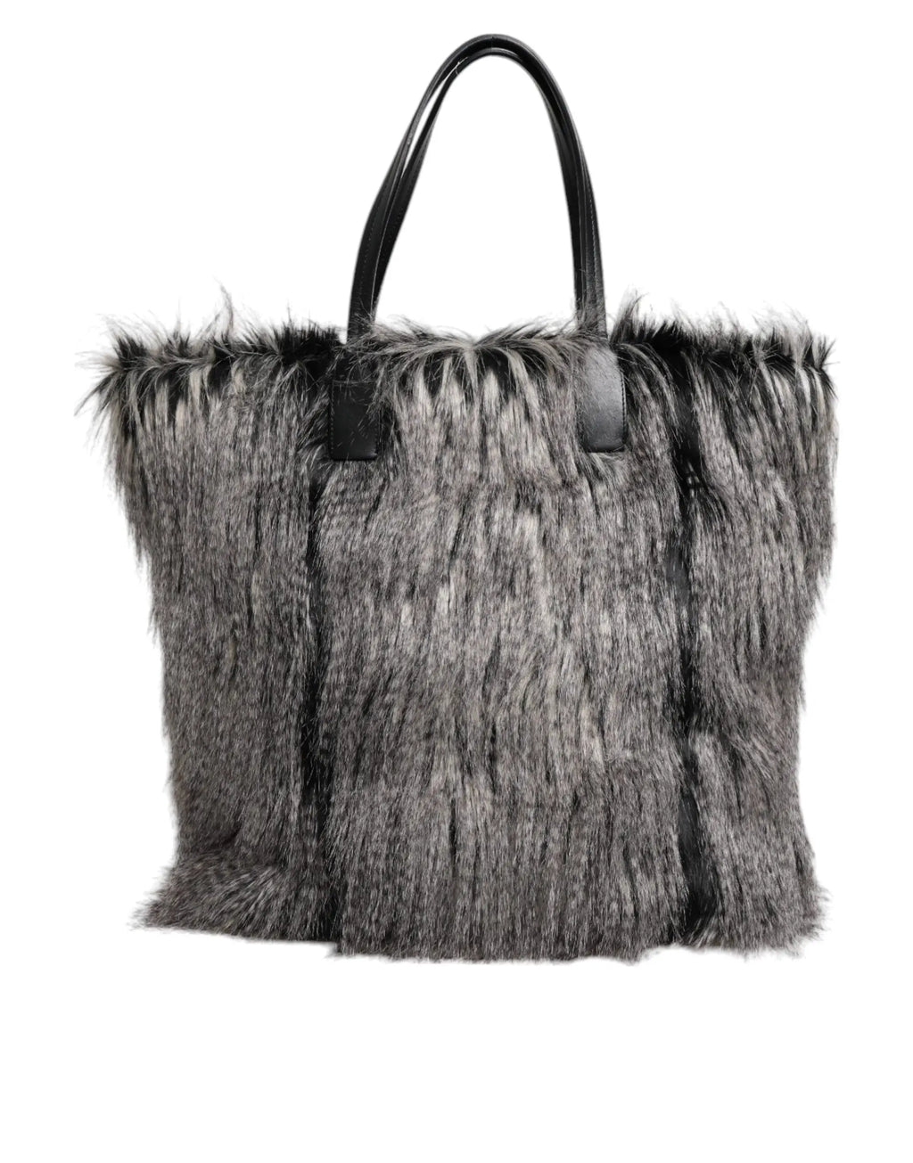 Dolce & Gabbana sac tote de shopping oversize noir en fausse fourrure grise avec poignées en cuir noir