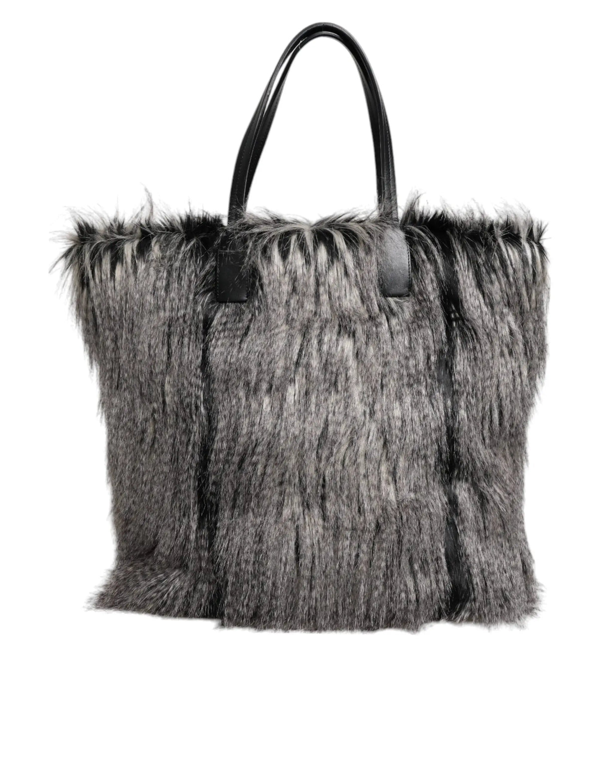 Dolce & Gabbana sac tote de shopping oversize noir en fausse fourrure grise avec poignées en cuir noir