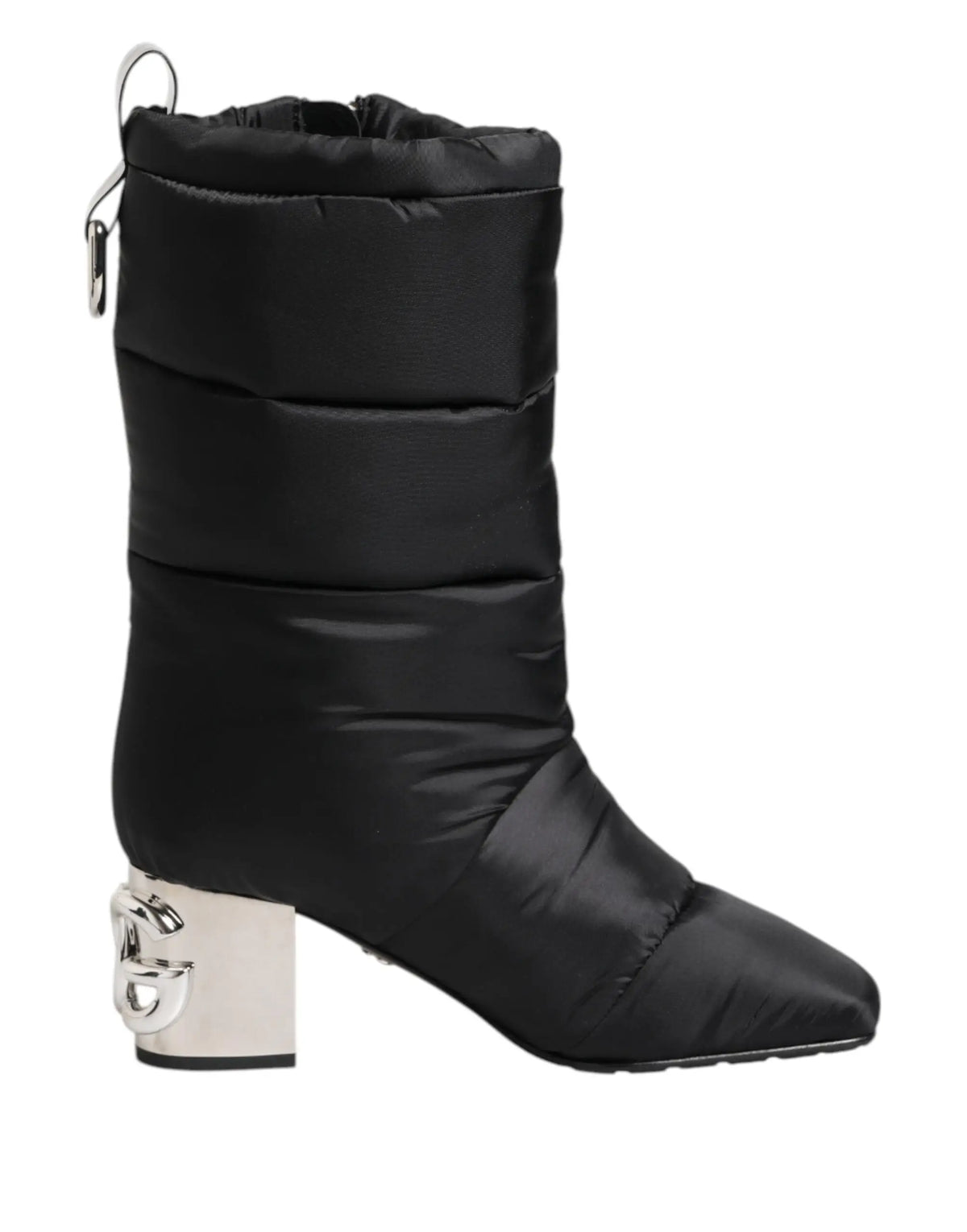Bottes dolce & gabbana noires matelassées mi-mollet avec talon logo argenté métallique et tirette zippée