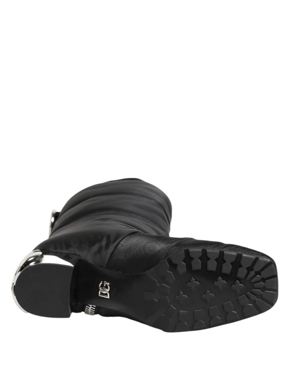 Bottes mi-mollet noires en cuir dolce gabbana avec talon métallique et semelle texturée vue arrière