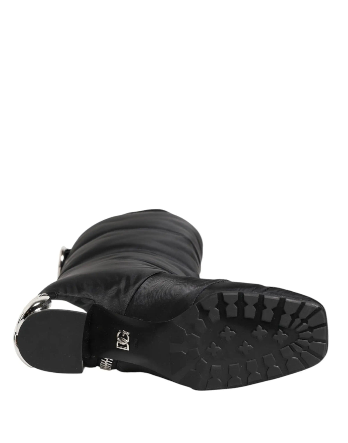 Bottes mi-mollet noires en cuir dolce gabbana avec talon métallique et semelle texturée vue arrière