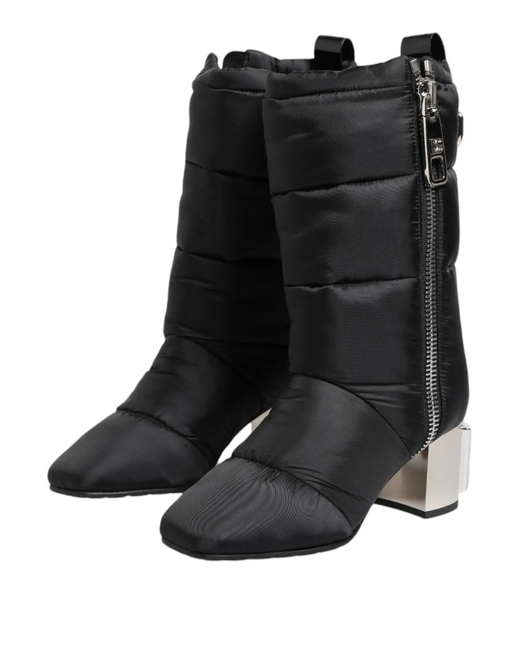 Bottes mi-mollet rembourrées dolce et gabbana noires avec design matelassé fermeture éclair argentée et talon bloc transparent