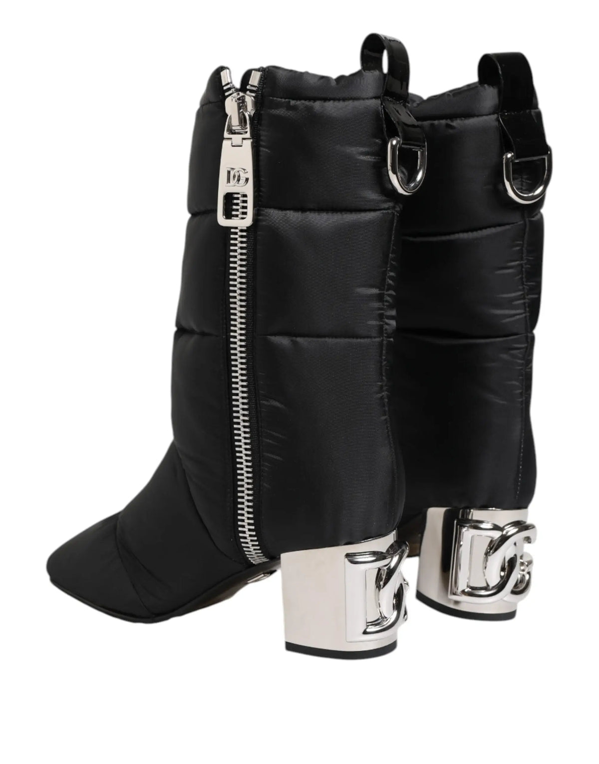 Bottes rembourrées noires dolce & gabbana mi-mollet avec fermetures éclair argentées et talons métalliques logo