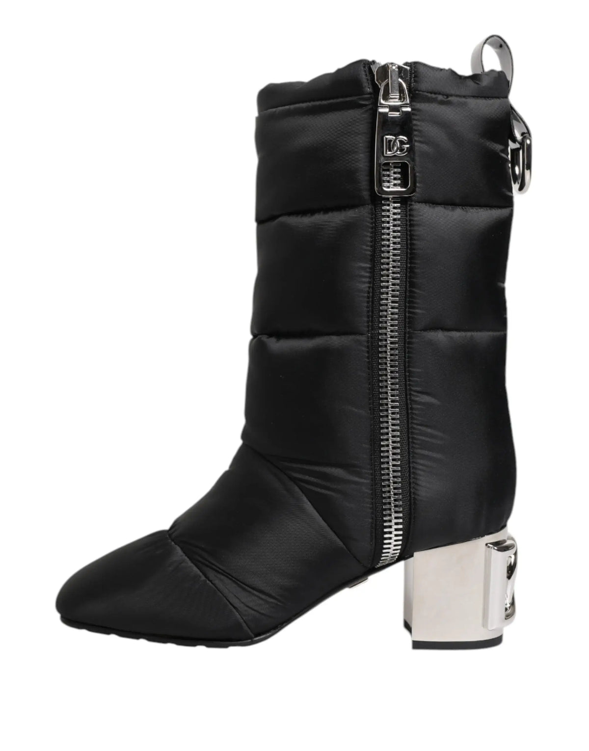 Dolce & gabbana bottes noires matelassées mi-mollet avec fermeture éclair argentée brillante et talon bloc métallique