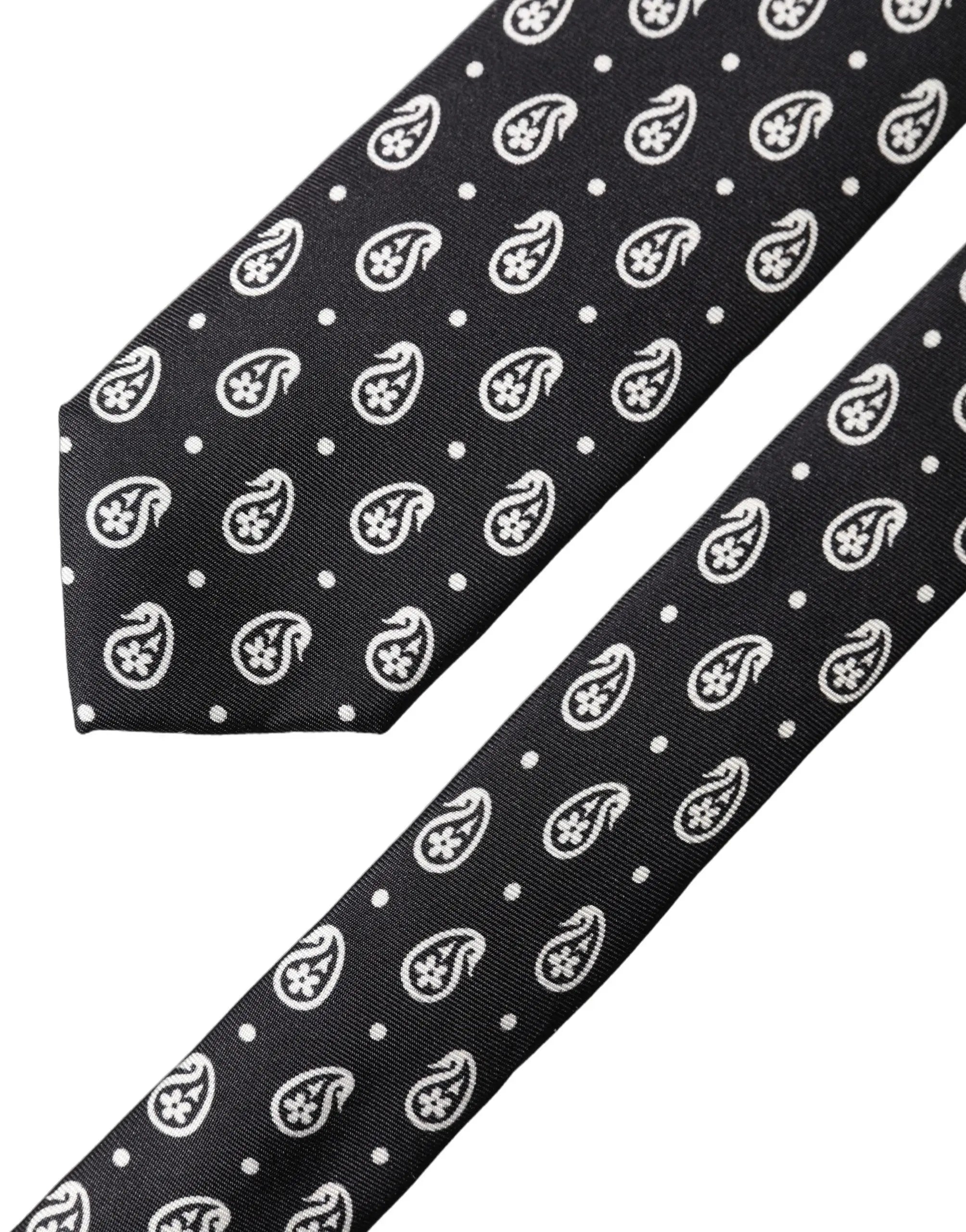 Cravate noire dolce & gabbana en soie 100 pourcent avec motif paisley blanc et petits pois réglable pour homme