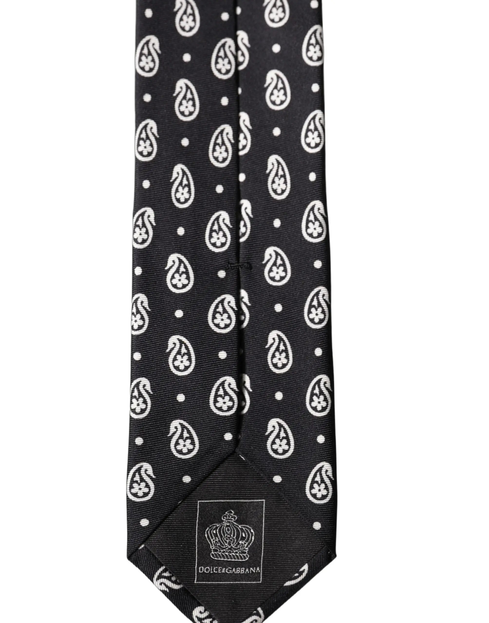 Cravate dolce & gabbana noire en soie 100 pourcent avec motif paisley blanc et points ajustable pour homme