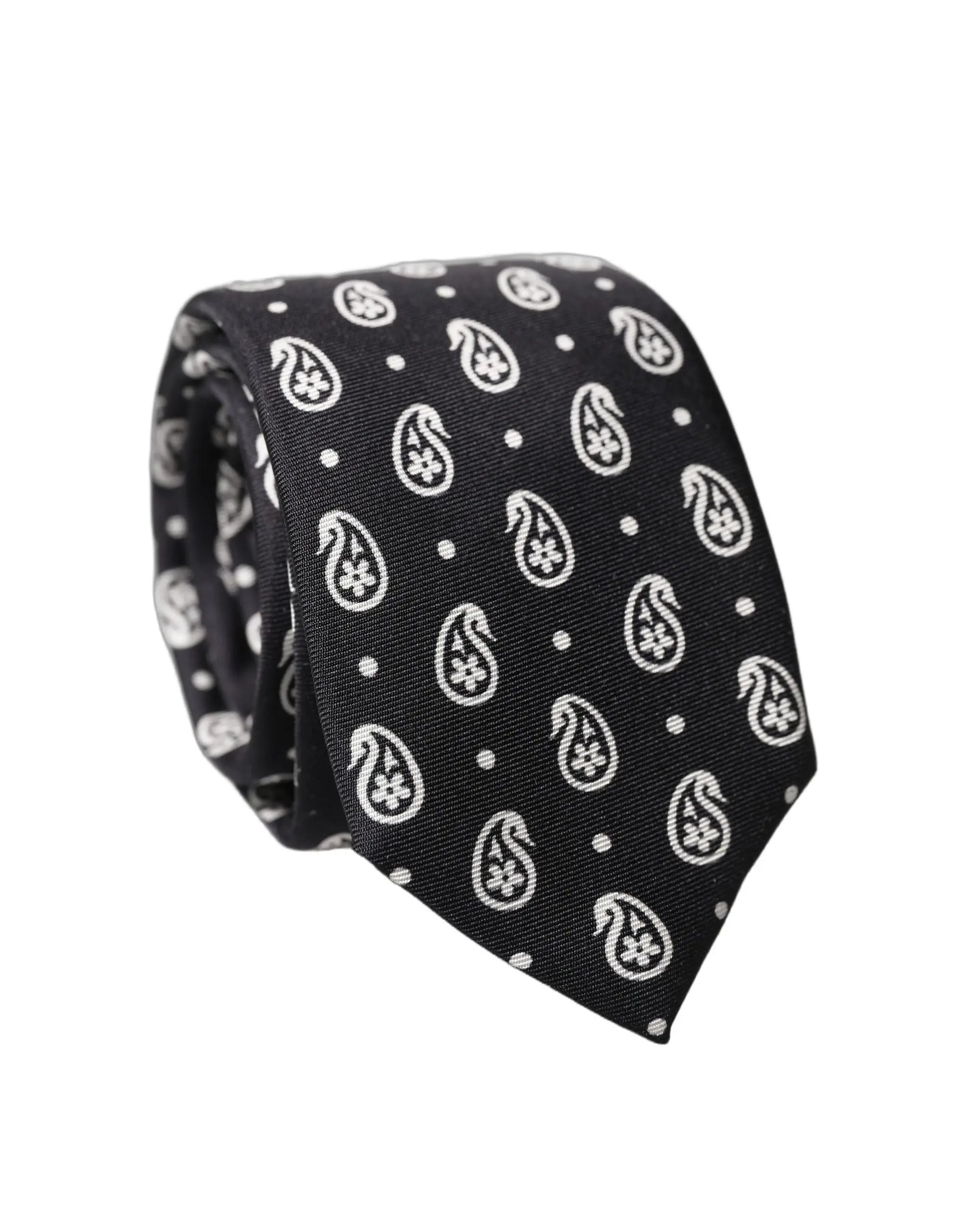 Cravate noire dolce & gabbana en soie 100 pour cent avec motif paisley blanc classique et petits points ajustable