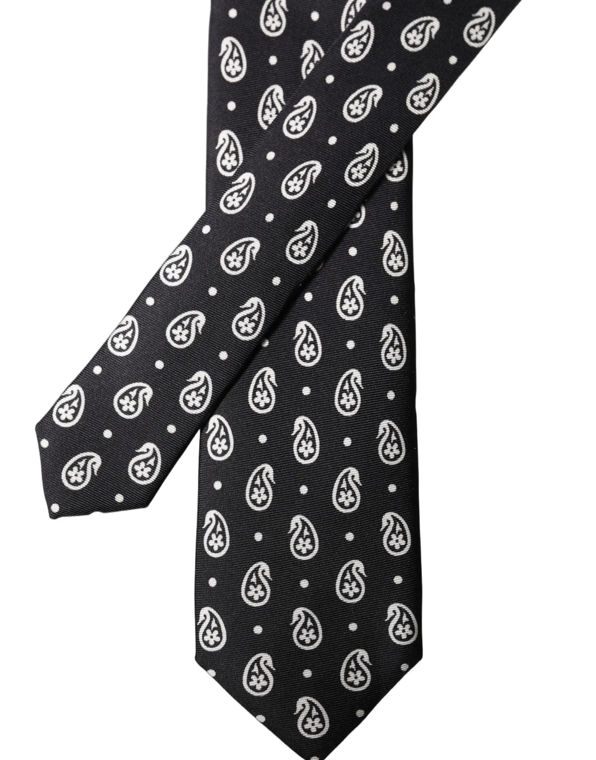 Cravate noire dolce gabbana en soie 100 pourcent avec motif paisley blanc et points ajustable homme