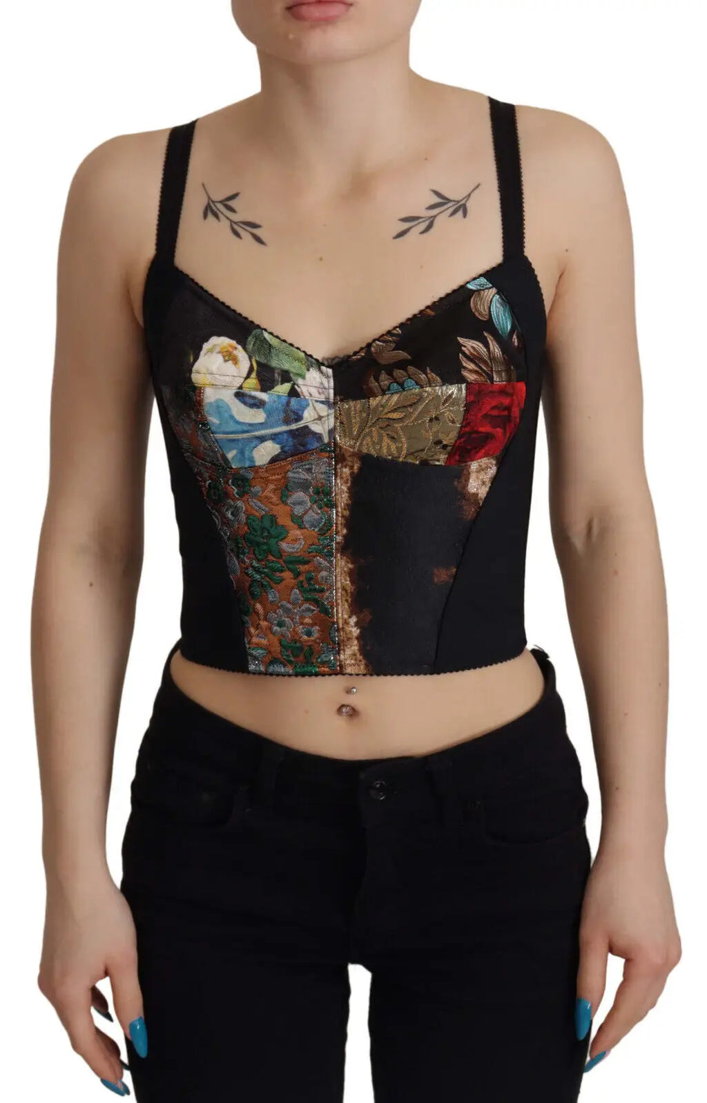 Corset crop top dolce & gabbana noir à patchwork avec imprimés floraux et botaniques colorés bleu rouge vert or