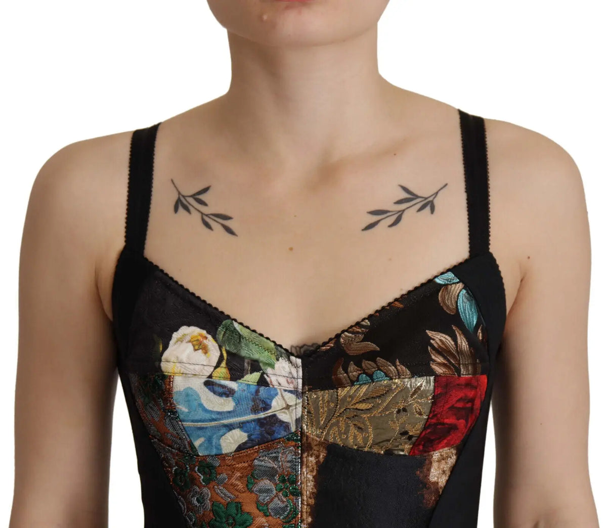 Corset top noir dolce & gabbana avec motifs floraux patchwork colorés et bordure en dentelle délicate