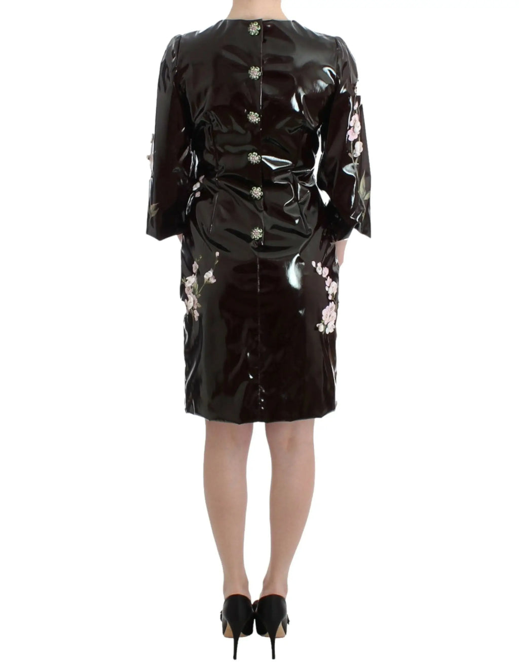 Robe noire en cuir verni dolce & gabbana avec broderie florale rose et boutons argentés handpainted