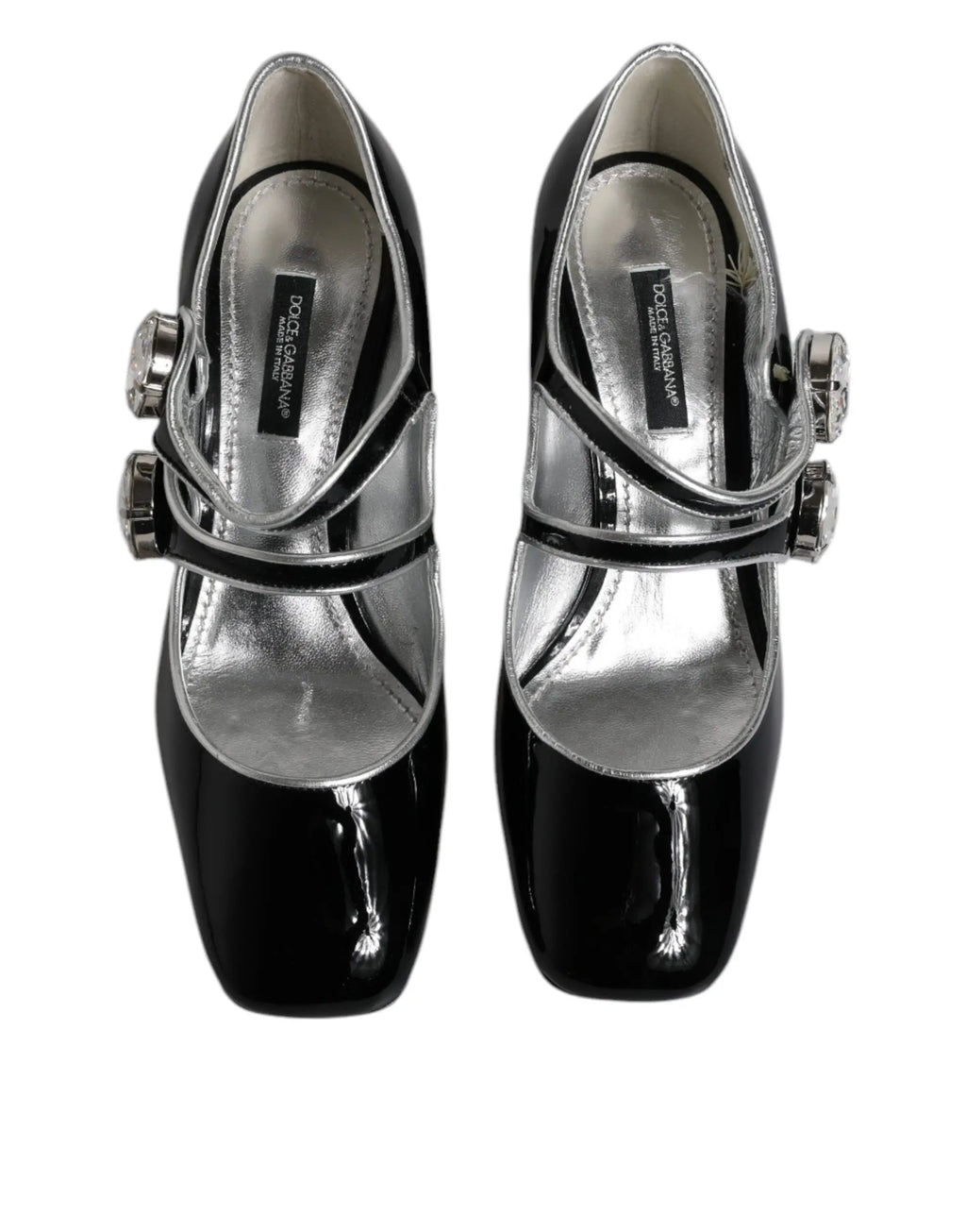 Dolce & gabbana chaussures mary jane en cuir verni noir avec bride à boucle argentée et bout carré