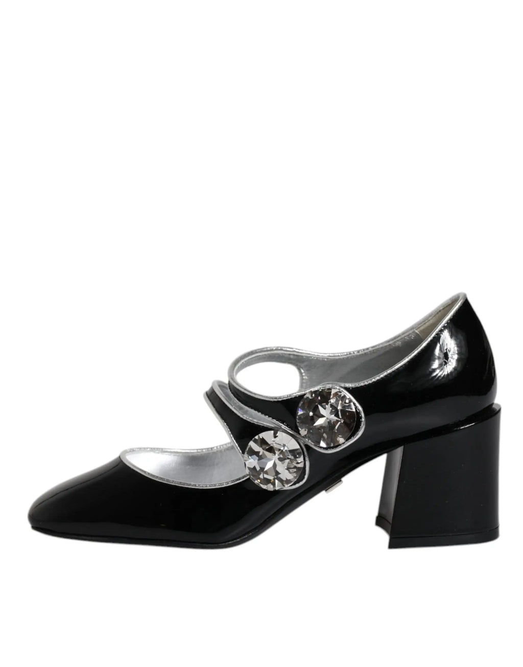 Dolce & gabbana escarpins mary jane en cuir verni noir avec boucle argentée et grandes cristaux clairs