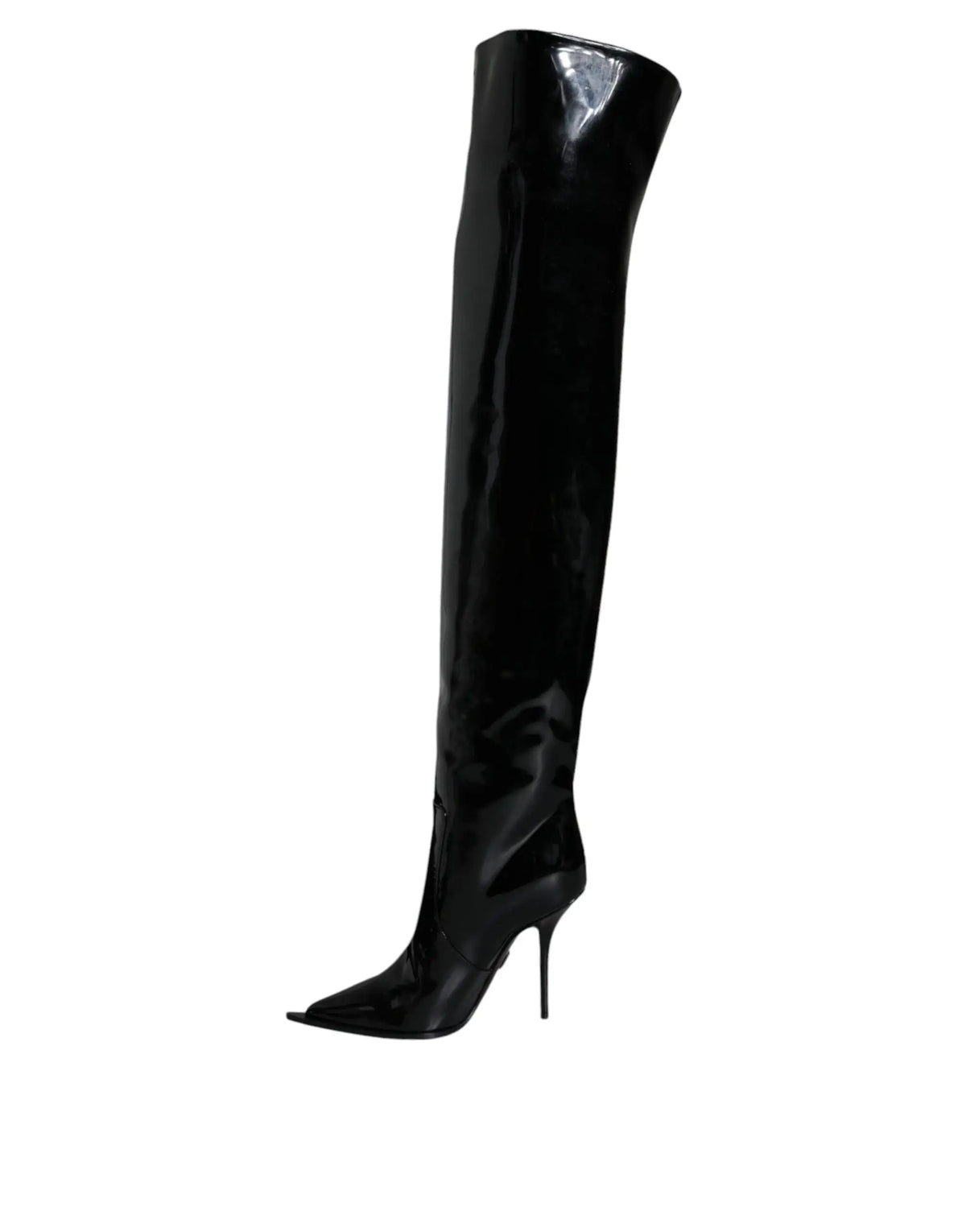 Dolce & gabbana bottes noires en cuir verni au-dessus du genou avec bout pointu et talon haut fin