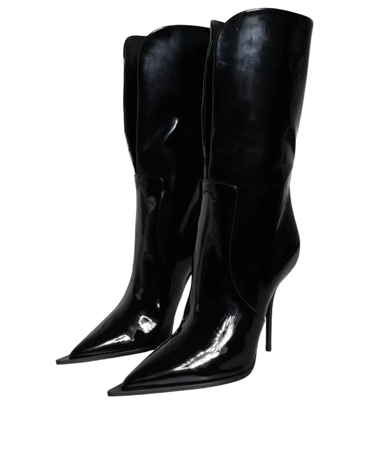 Dolce & gabbana bottes mi-mollet en cuir verni noir avec talon aigu et bout pointu
