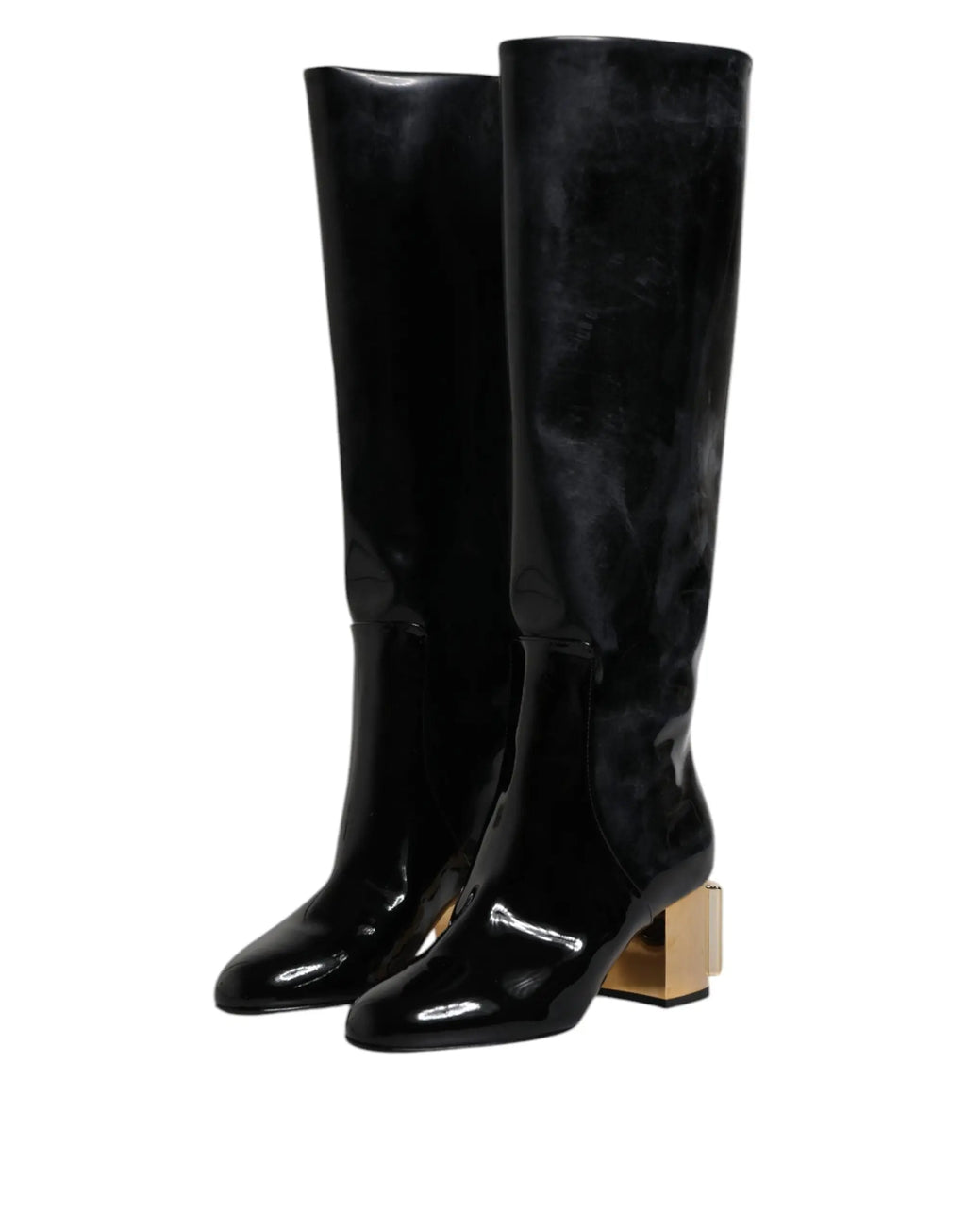 Dolce & gabbana bottes hautes vally en cuir verni noir avec talons blocs dorés brillants