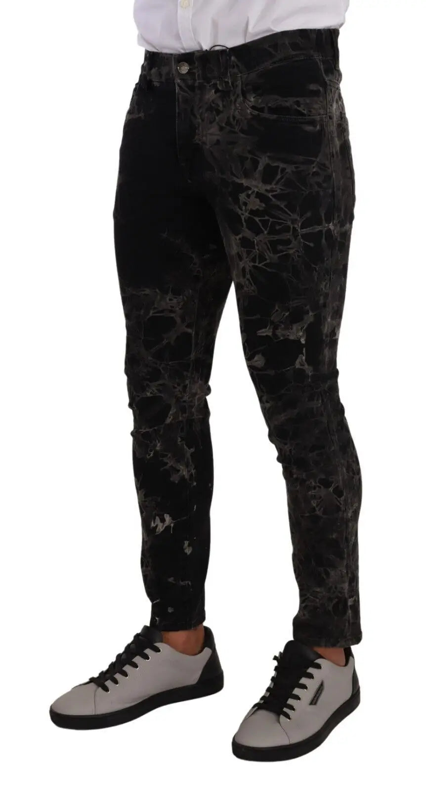 Jeans skinny slim fit noir dolce & gabbana en denim avec motif marbré gris délavé et aspect distressed