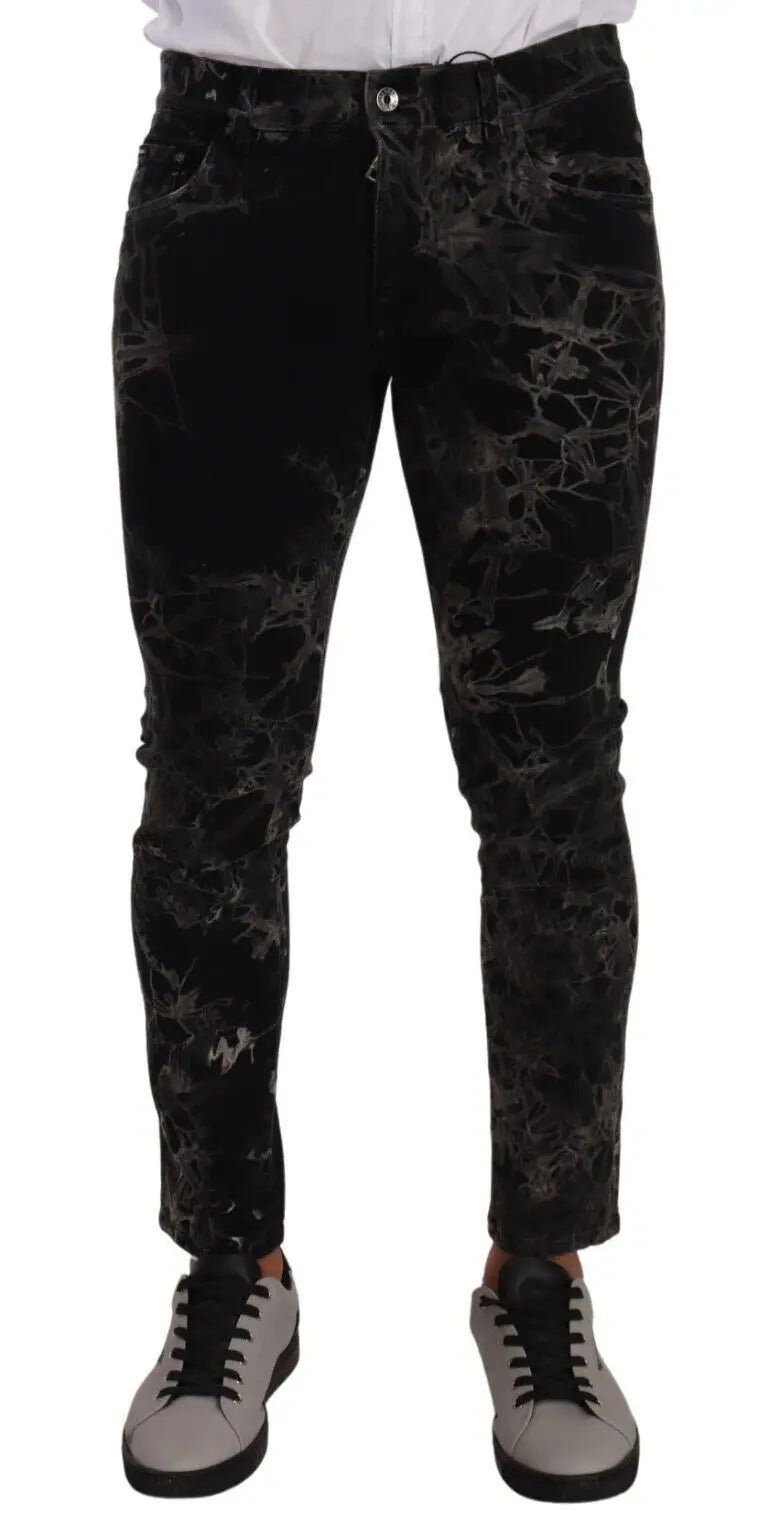 Dolce & gabbana jeans skinny slim noir en denim avec motif gris éclaboussé et effet déchiré