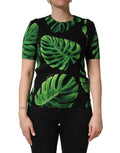 Top noir à manches courtes dolce & gabbana en soie avec imprimé feuille de philodendron vert vibrant