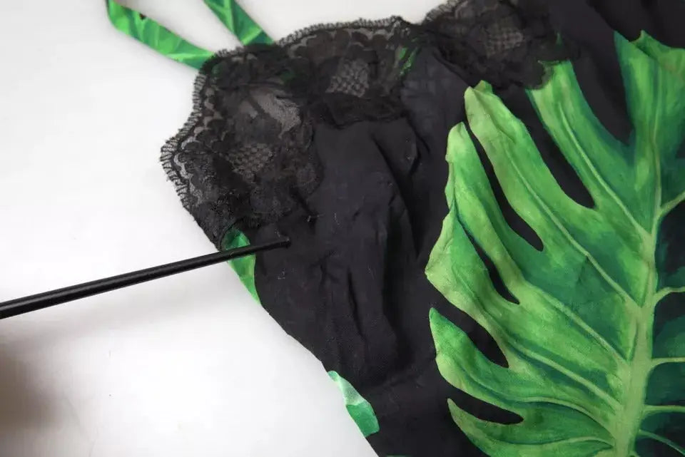 Dolce & gabbana top en soie noir avec imprimé philodendron vert et dentelle noir pour lingerie