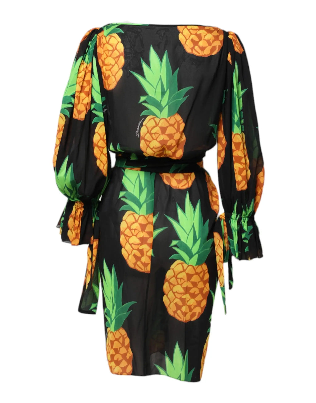 Robe portefeuille mini en soie noire Dolce & Gabbana avec imprimé ananas orange et vert et manches bouffantes nouées