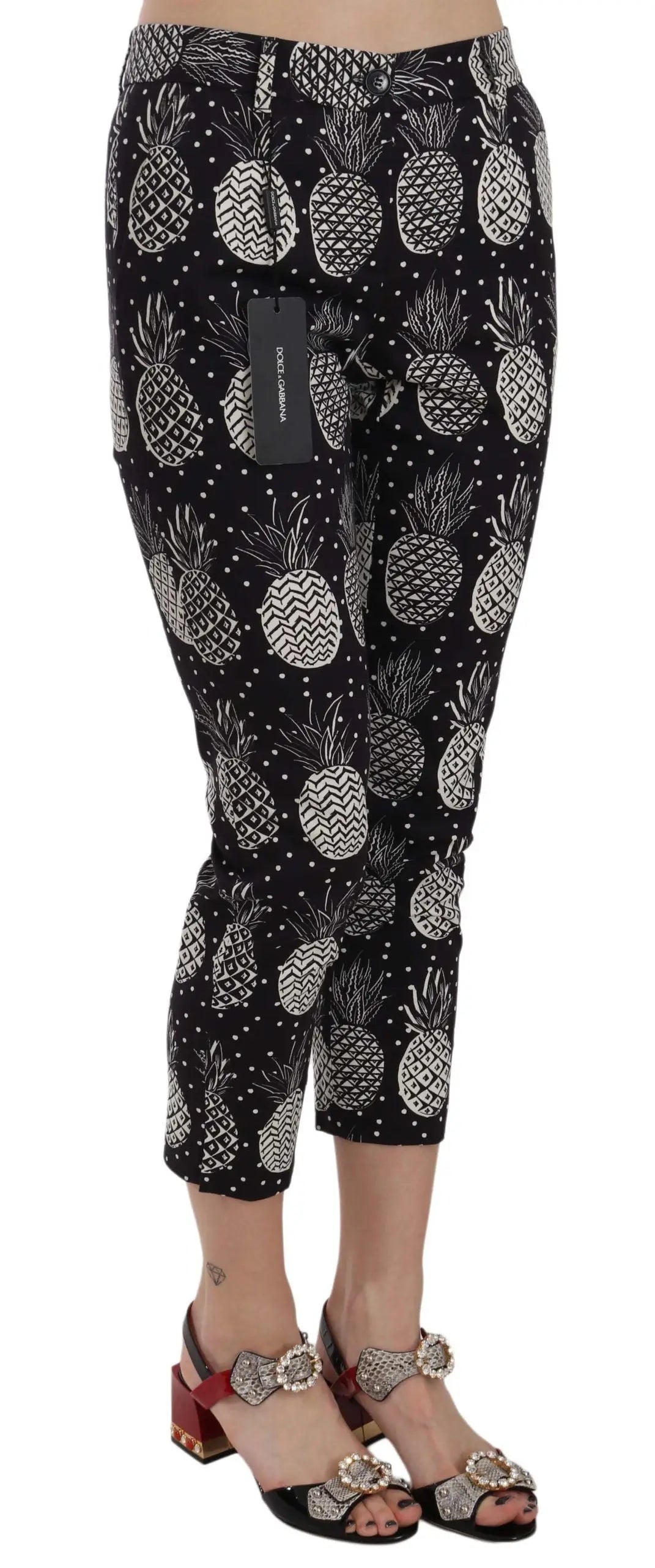 Pantalon capri noir dolce & gabbana à coupe skinny avec imprimé ananas blanc détaillé et points dispersés