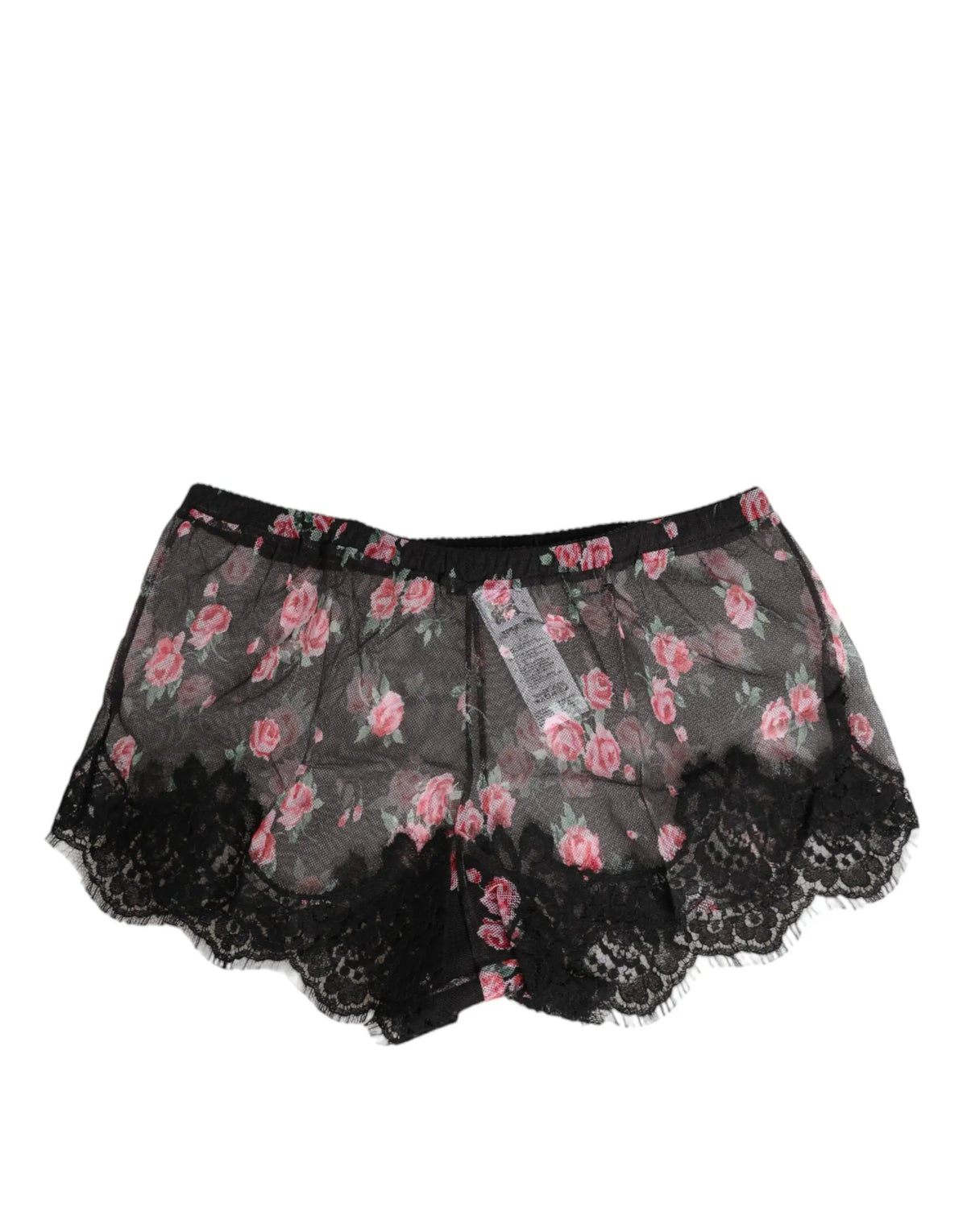 Shorty en dentelle noire dolce & gabbana avec motif floral rose et superposition en mesh transparent