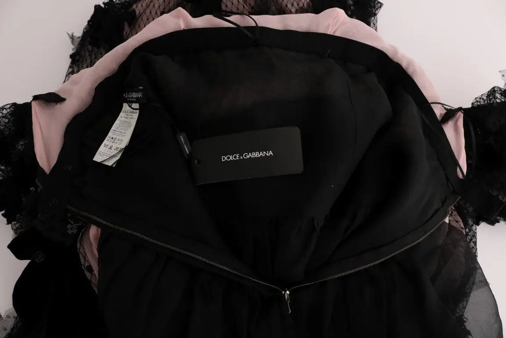 Robe droite dolce & gabbana noire en soie avec doublure rose et détails en dentelle