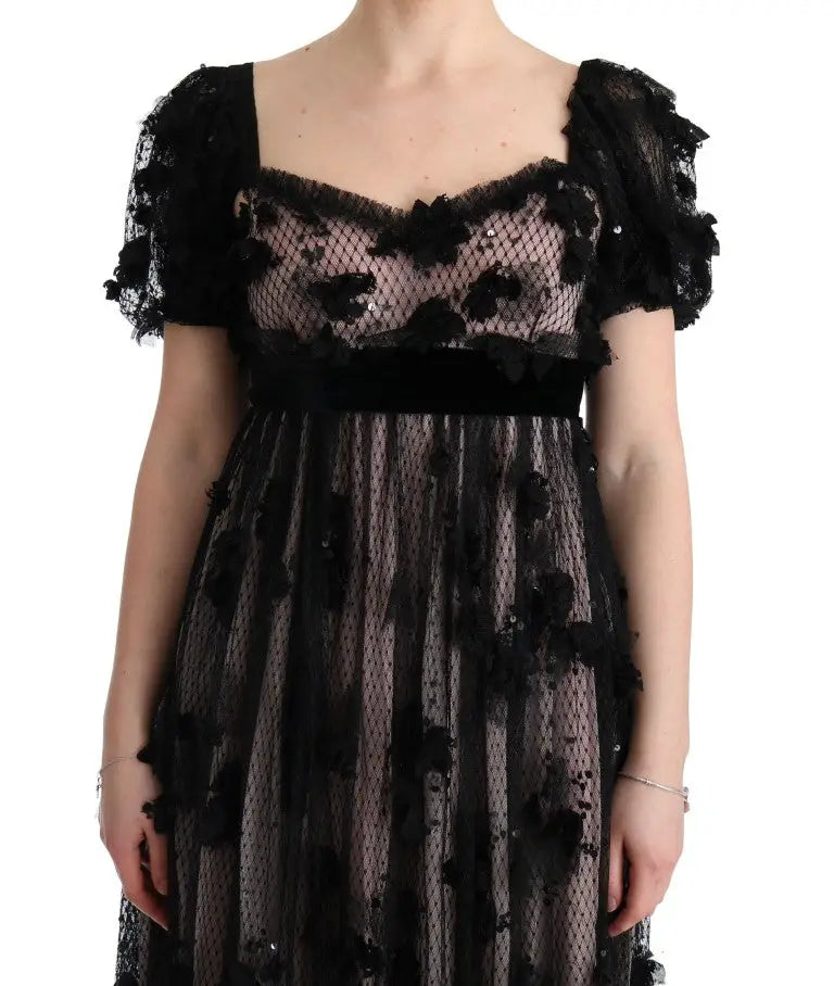 Robe droite dolce & gabbana noire en soie avec appliqués floraux en dentelle et ceinture en velours rose