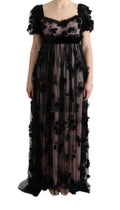 Robe noire dolce & gabbana en mesh avec fleurs brodées, manches courtes à volants et ceinture en velours