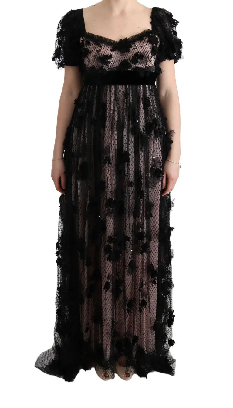 Robe noire dolce & gabbana en mesh avec fleurs brodées, manches courtes à volants et ceinture en velours