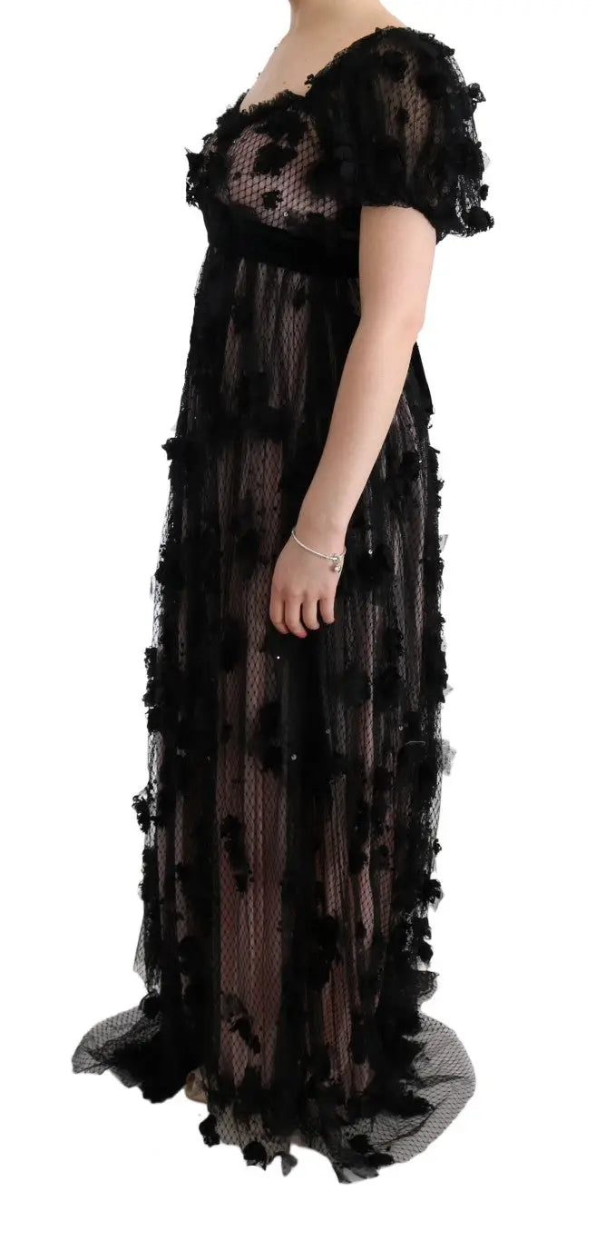 Robe droite dolce & gabbana noire en dentelle florale avec appliqué en soie rose et manches courtes à volants en mesh transparent