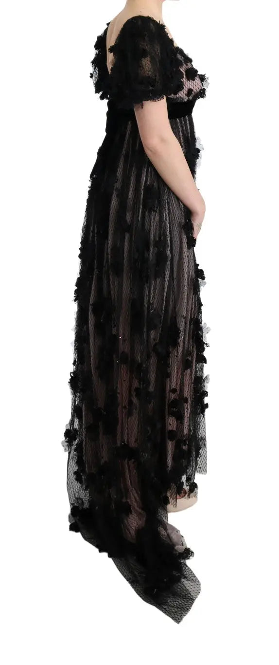 Robe droite dolce & gabbana en soie noire avec appliques florales roses et overlay en dentelle transparente