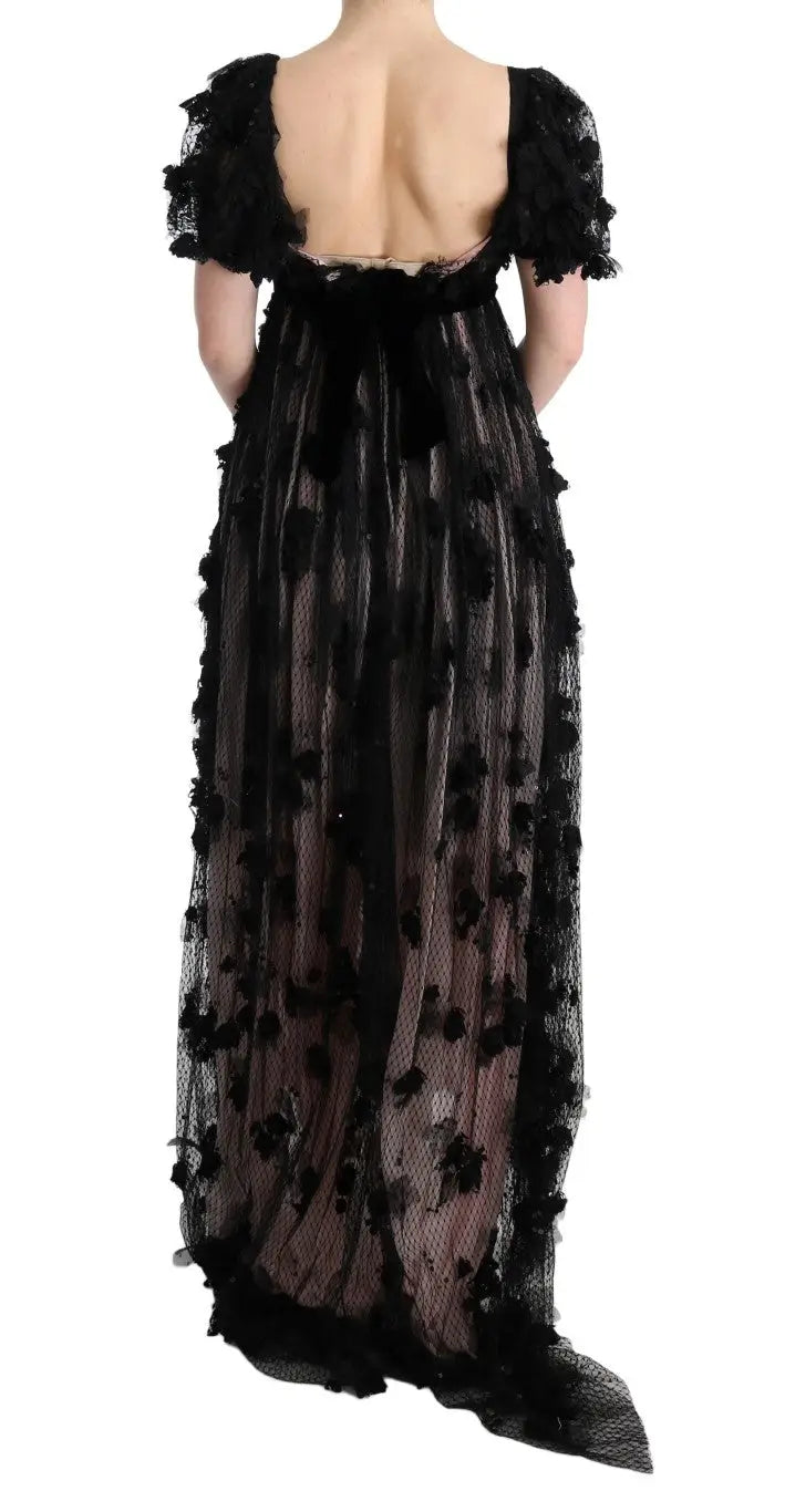Robe droite dolce & gabbana en soie noire avec dentelle noire élégante, manches courtes à volants et appliqués floraux