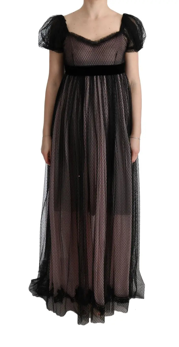 Robe longue droite noire en soie avec manches bouffantes en tulle et ceinture en velours dolce gabbana