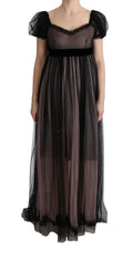 Robe longue droite noire en soie avec manches bouffantes en tulle et ceinture en velours dolce gabbana